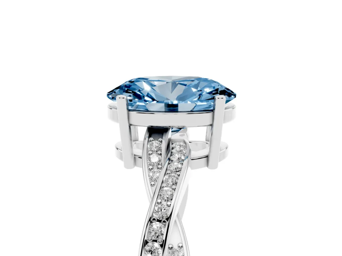 Fancy Blue Oval Cut Solitaire Twisted Pave Diamond Ring with Four-Prong Setting Platinum