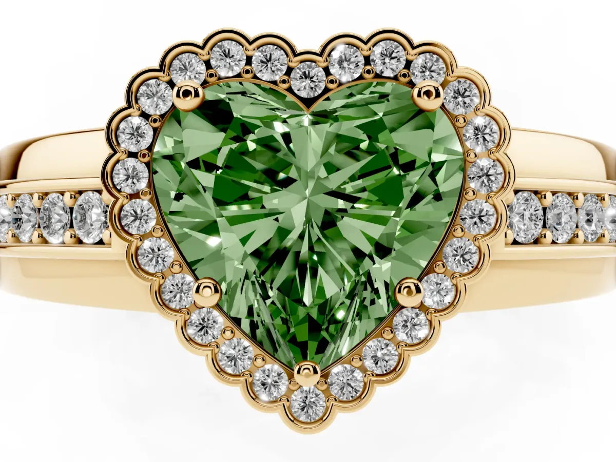 Fancy Green Heart Cut Cut Halo Pave Band Four-Prong Ring Yellow gold