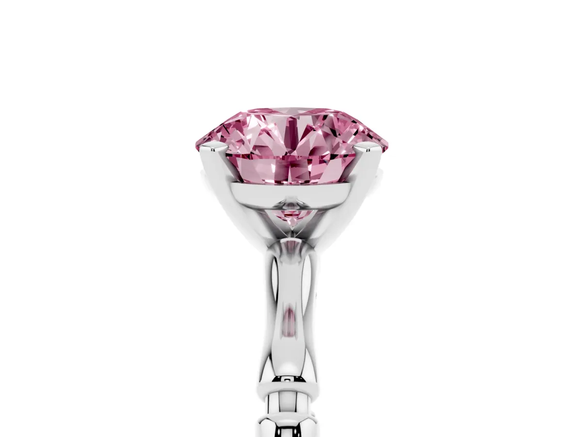 Fancy Pink Round Cut Solitaire Diamond Ring with Bamboo Band and Four-Prong Setting Silver
