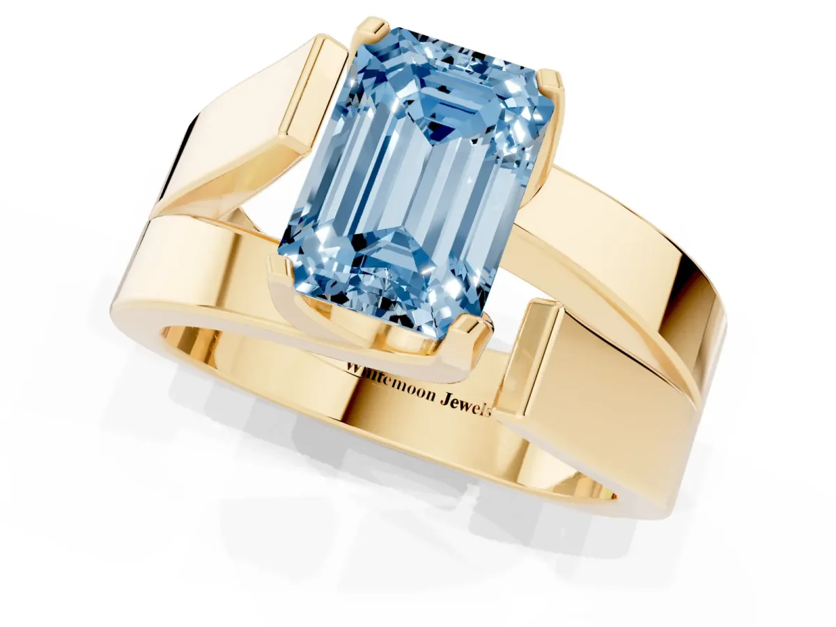 Fancy Blue Modern Tension Set Emerald Cut Diamond Solitaire Wide Band Ring Yellow gold
