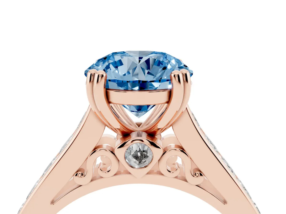 Fancy Blue Round Cut Cut Channel Set Solitaire Engagement Ring with Prong Setting Rose gold