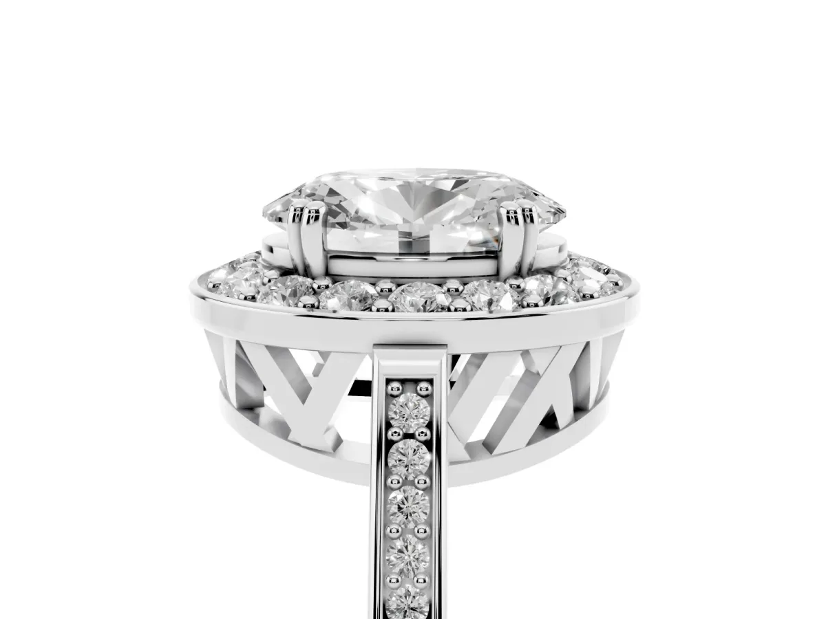 Oval Cut Diamond Halo Ring with Split Shank and Four-Prong Setting Silver