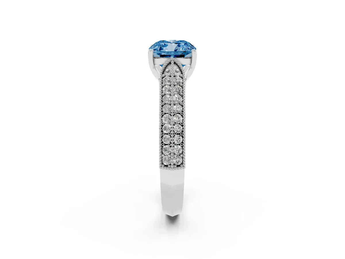 Fancy Blue Cushion Cut Cut Pave Split Shank Engagement Ring with Four-Prong Setting White gold