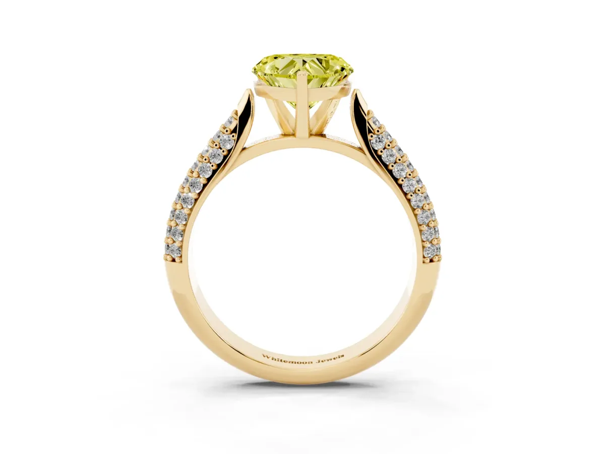 Fancy Yellow Heart Cut Diamond Solitaire Engagement Ring with Multi-Row Round Pavé Band and Prong Setting Yellow gold