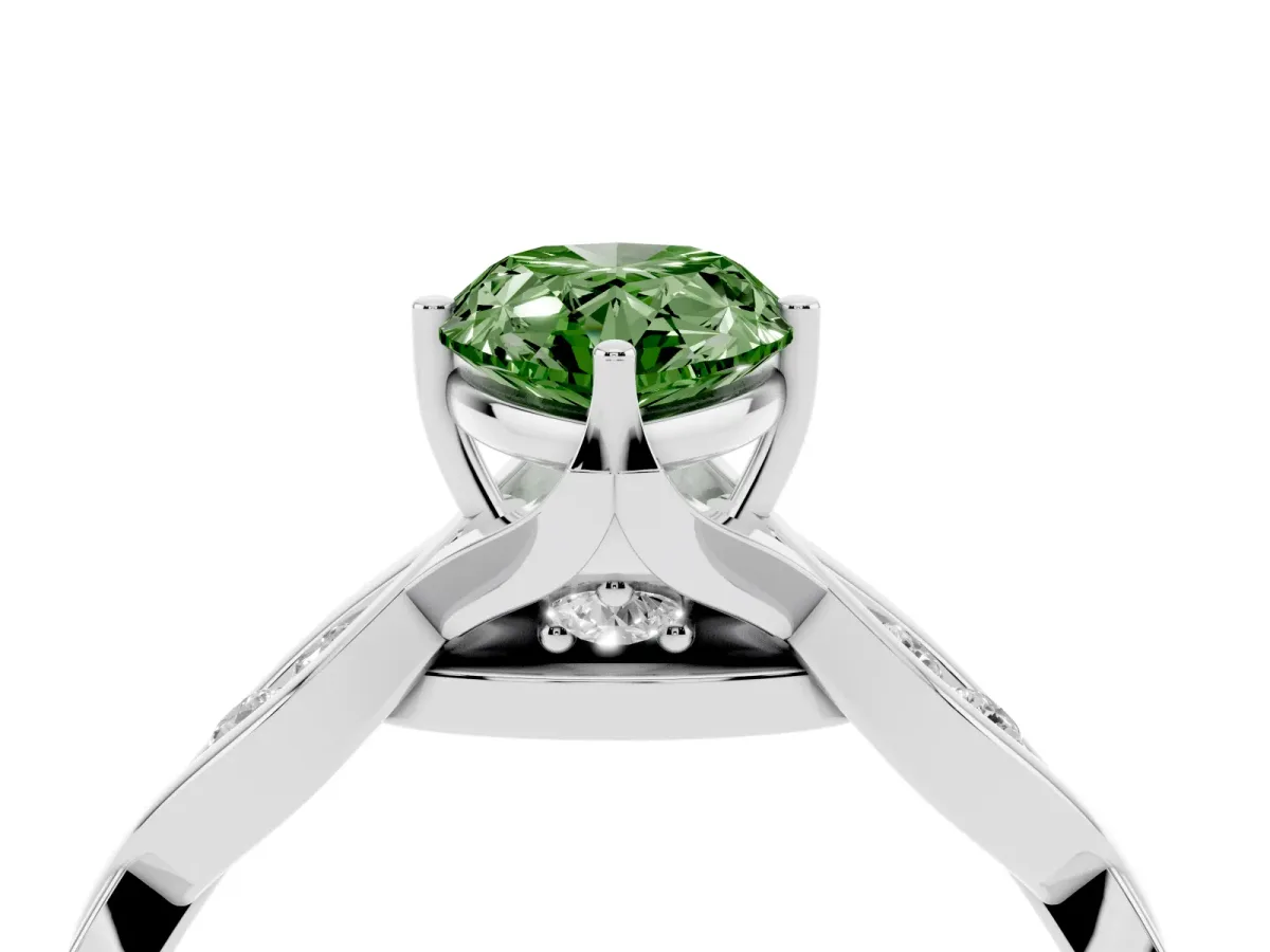 Fancy Green Pear Cut Solitaire Twist Band with Leaf Prong Setting White gold