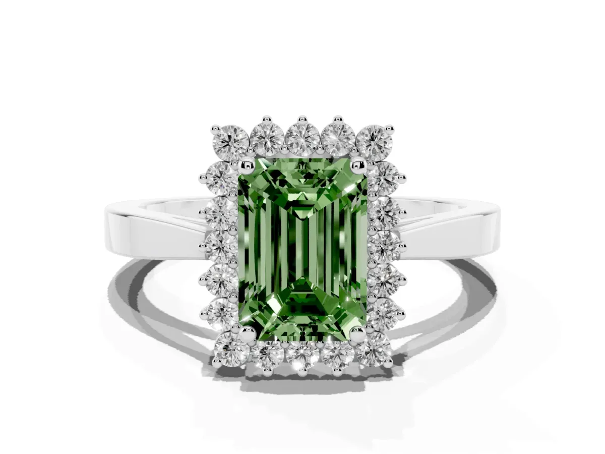 Fancy Green Emerald Cut Cut Diamond Halo Ring with Round Brilliant Halo and Solitaire Band White gold