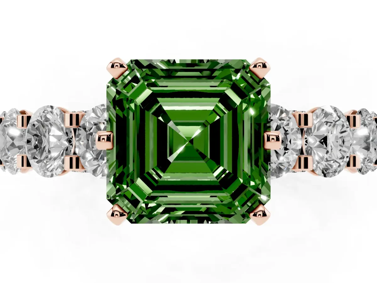 Fancy Green Asscher Cut Diamond Side Stone Engagement Ring with Four-Prong Setting Rose gold