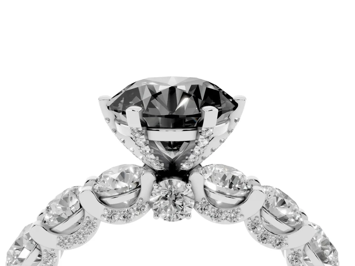 Fancy Black Round Cut Diamond Side Stone Engagement Ring with Four-Prong Setting Platinum