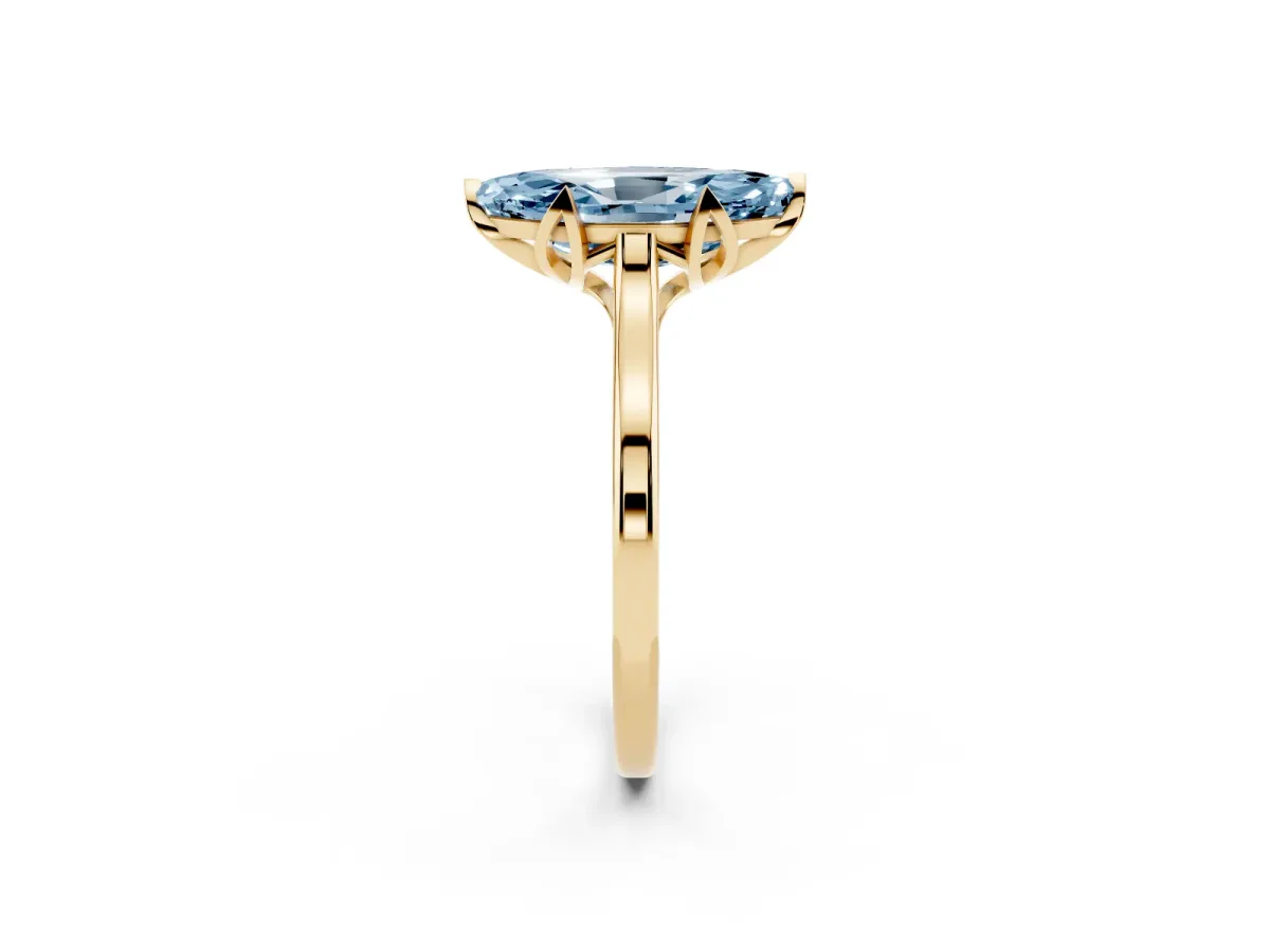 Fancy Blue Marquise Cut Diamond Solitaire Ring with Flower Prong Setting and Classic Band Yellow gold