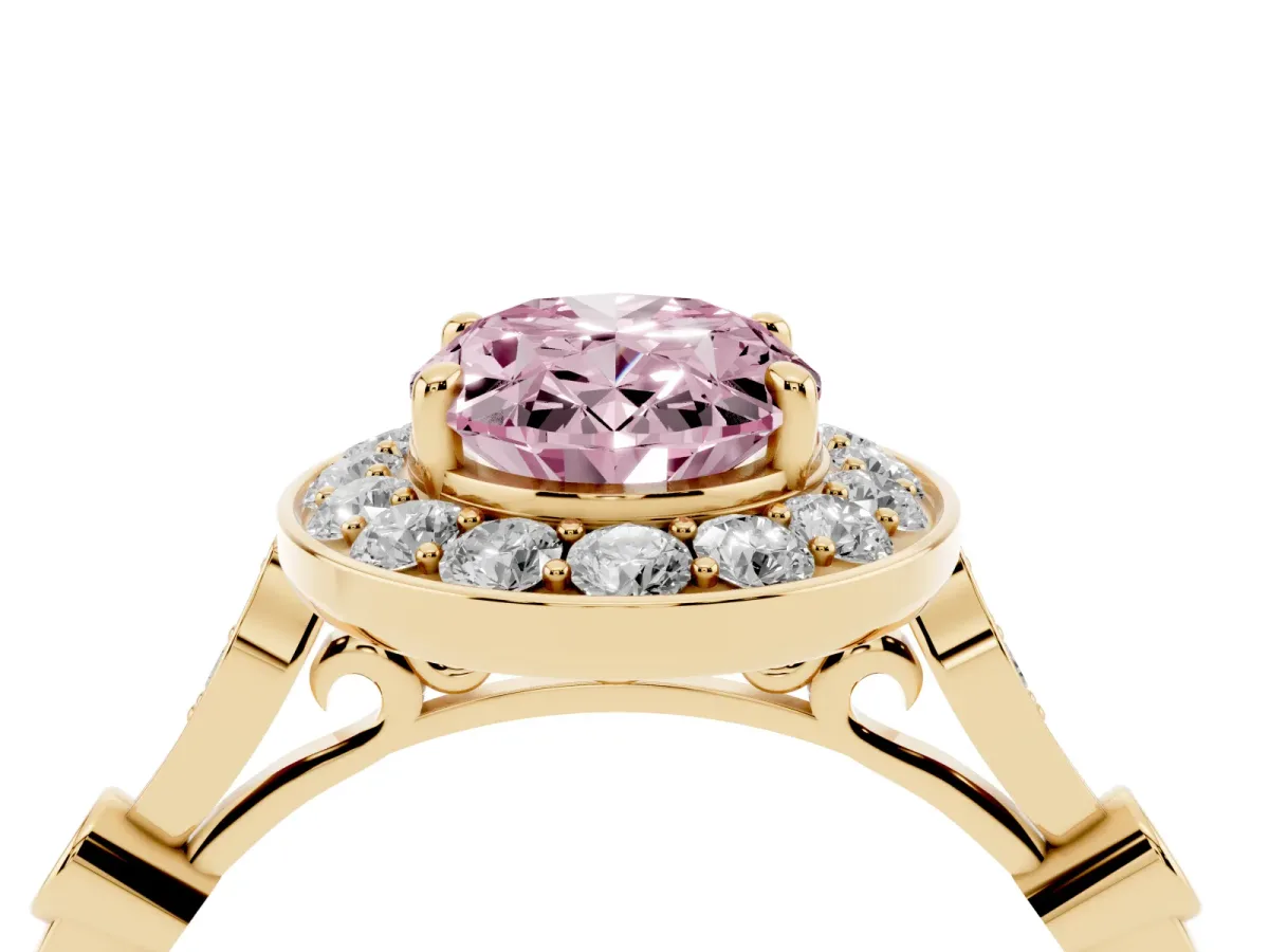 Fancy Pink Oval Cut Halo Diamond Engagement Ring with Twisted Band and Four-Prong Setting Yellow gold