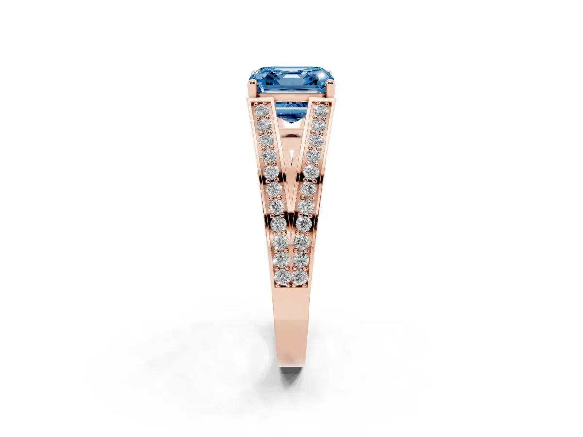 Fancy Blue Asscher Cut Diamond Split Shank Ring with Pavé Band and Four-Prong Setting Rose gold