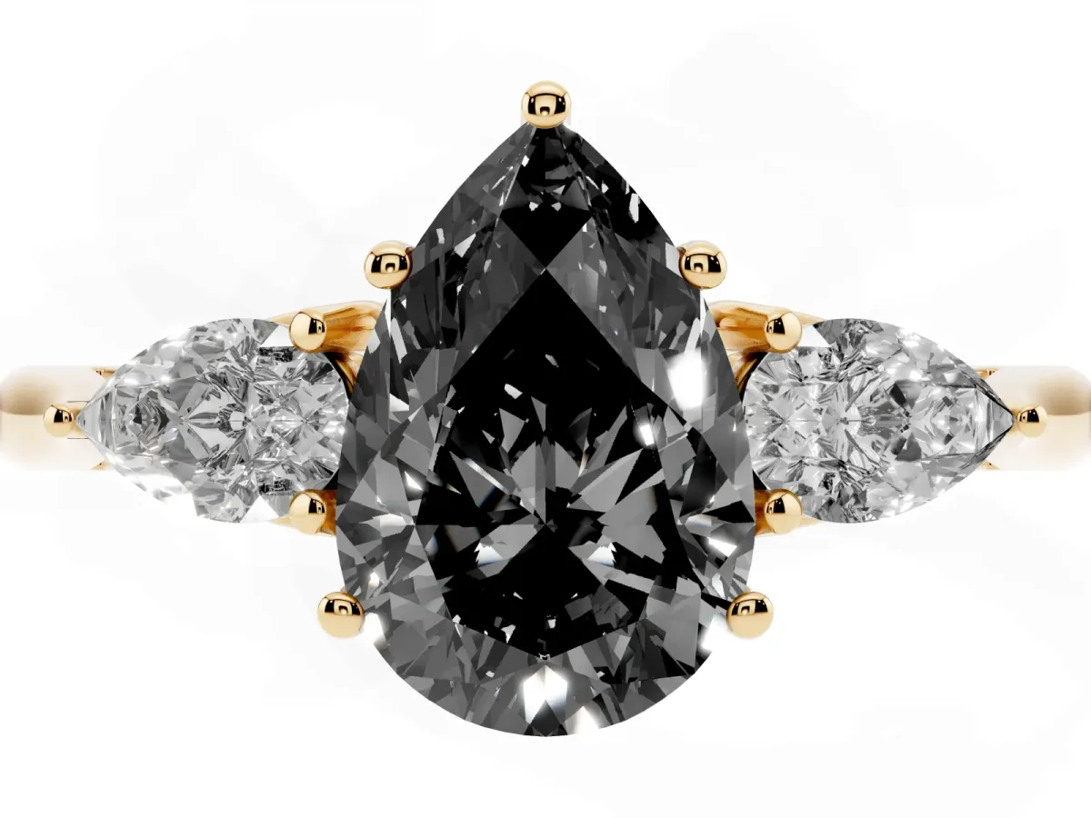 Fancy Black Pear Cut Diamond Three-Stone Ring with Pear Side Stones and Prong Setting Yellow gold
