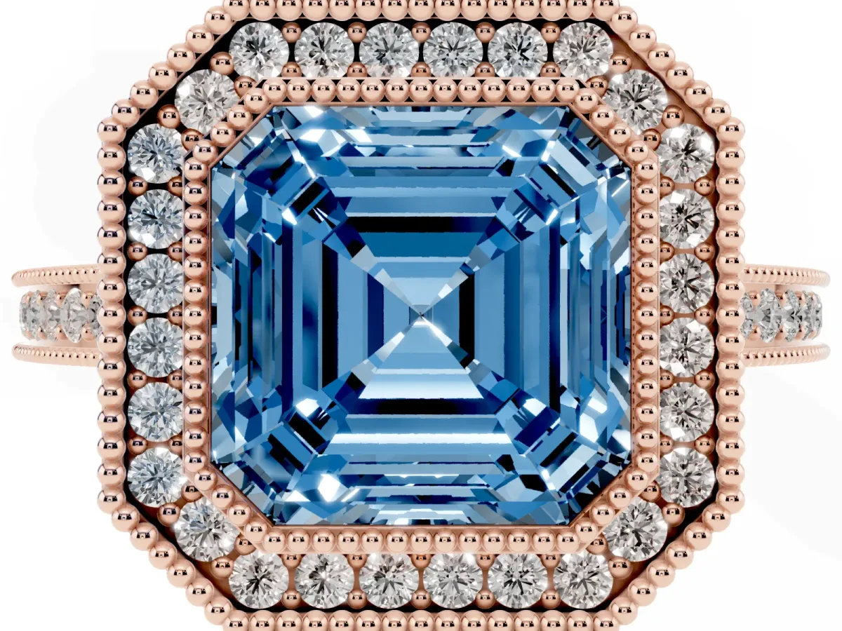 Fancy Blue Asscher Cut Cut Halo Diamond Ring with Pavé Band and Milgrain Prong Setting Rose gold