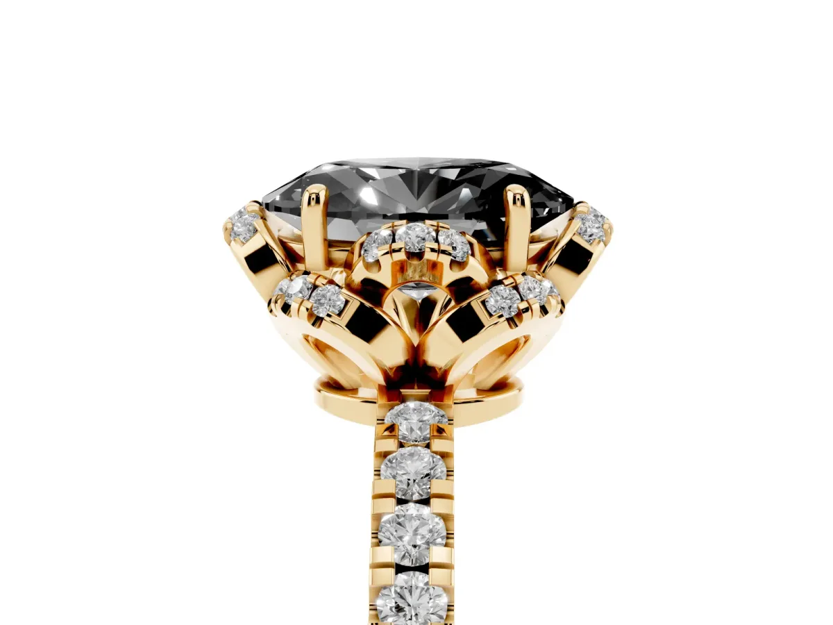 Fancy Black Oval Cut Diamond Halo Pave Band with Four-Prong Setting Yellow gold