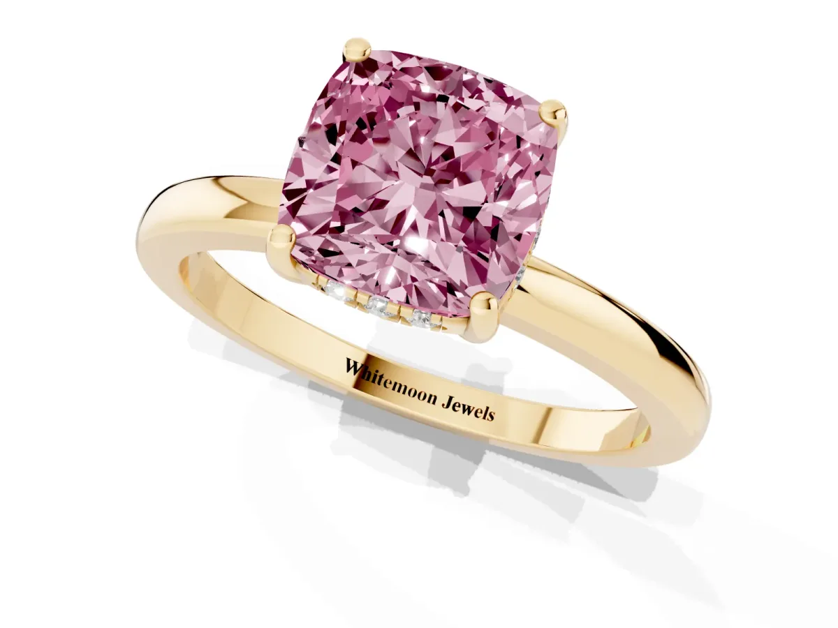 Fancy Pink Cushion Cut Solitaire Diamond Ring with Prong Setting and Plain Band Yellow gold