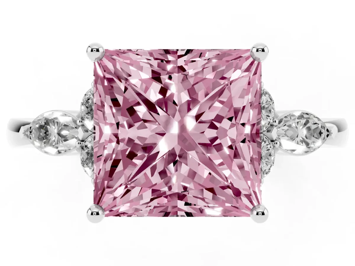 Fancy Pink Princess Cut Brilliant Diamond Solitaire Ring with Pear Side Stones and Four-Prong Setting White gold