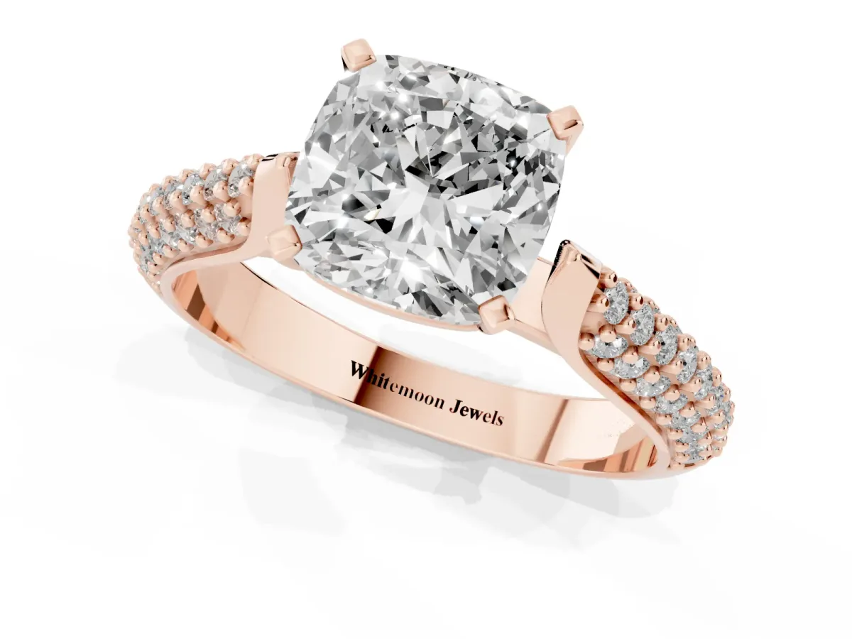 Cushion Cut Diamond Solitaire Engagement Ring with Multi-Row Round Pavé Band and Prong Setting Rose gold
