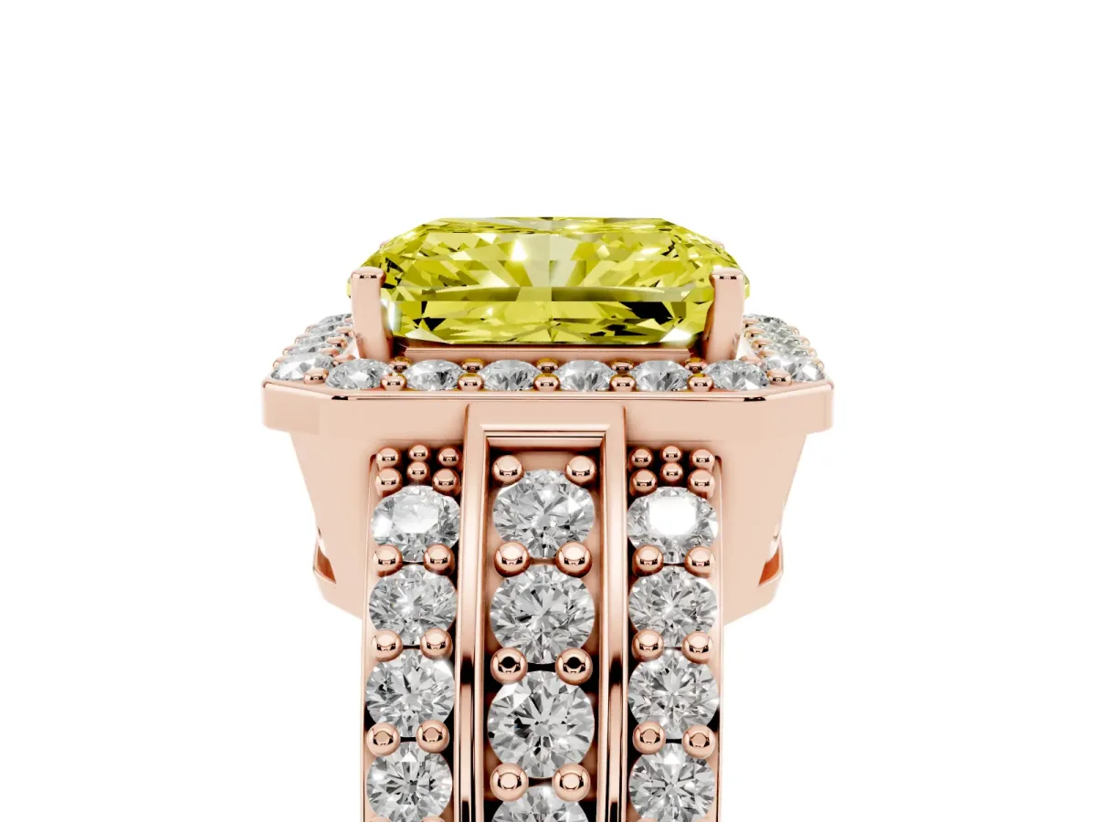Fancy Yellow Radiant Cut Halo Diamond Ring with Round Split Shank and Prong Setting Rose gold