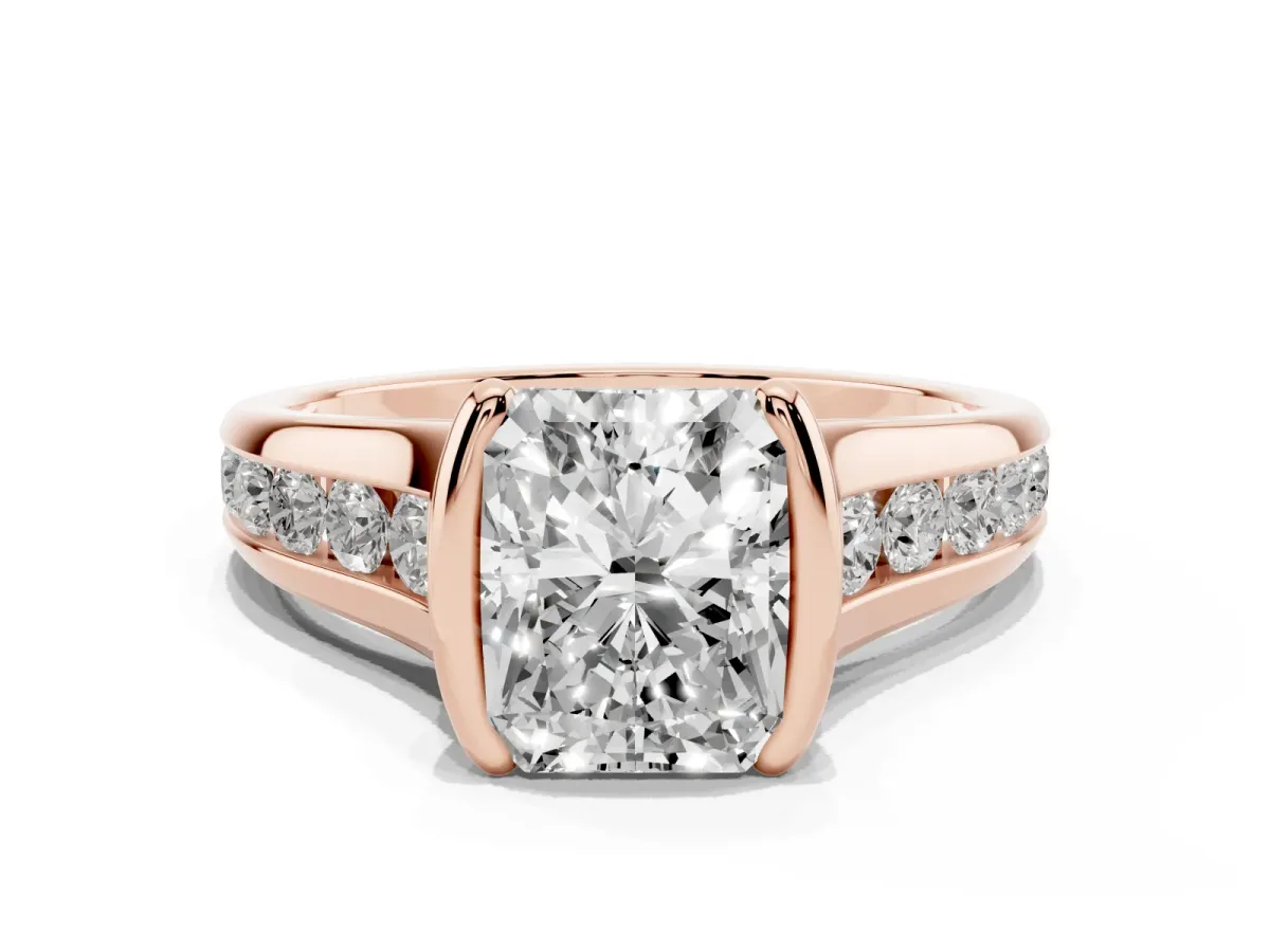 Radiant Cut Solitaire Bezel-Set Diamond Ring with Channel-Set Band Rose gold