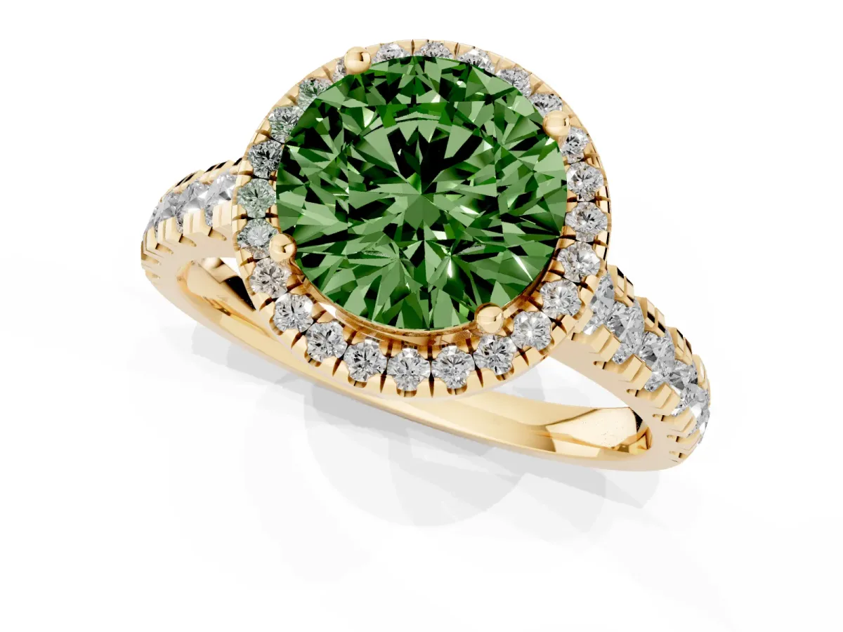 Fancy Green Round Cut Halo Pavé Diamond Engagement Ring with Four-Prong Setting Yellow gold