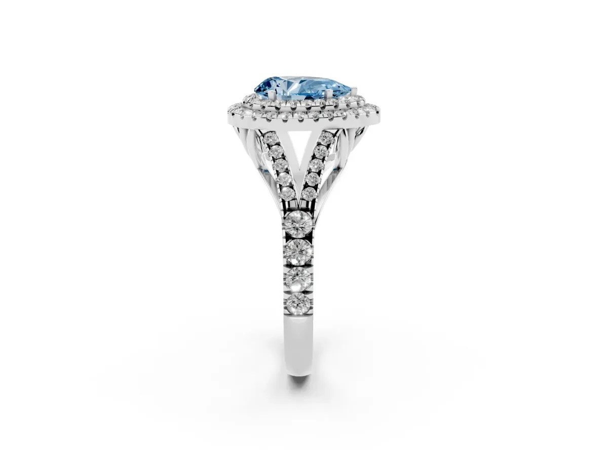 Fancy Blue Double Halo Pear Cut Diamond Split Shank Engagement Ring with Four-Prong Setting Silver