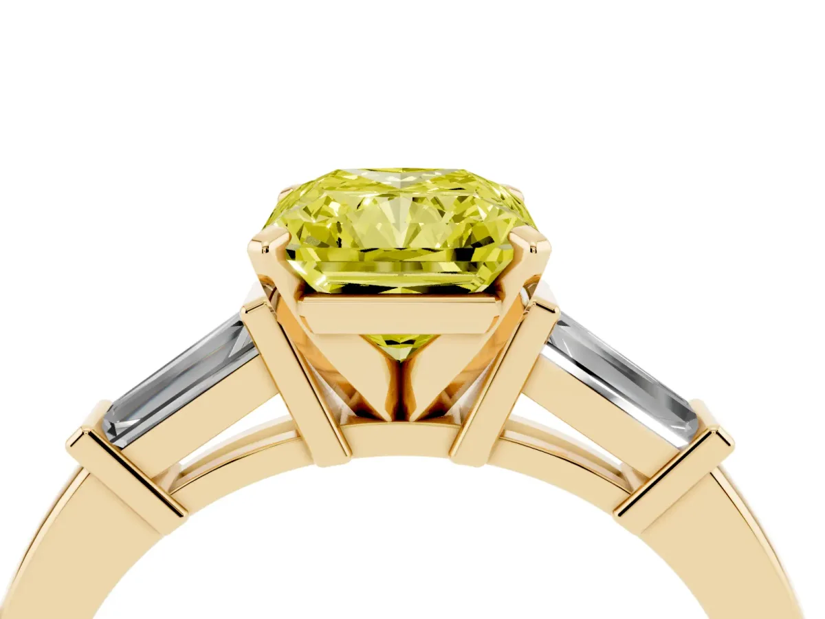 Fancy Yellow Radiant Cut Cut Diamond Solitaire Ring with Tapered Baguette Accents and Four-Prong Setting Yellow gold