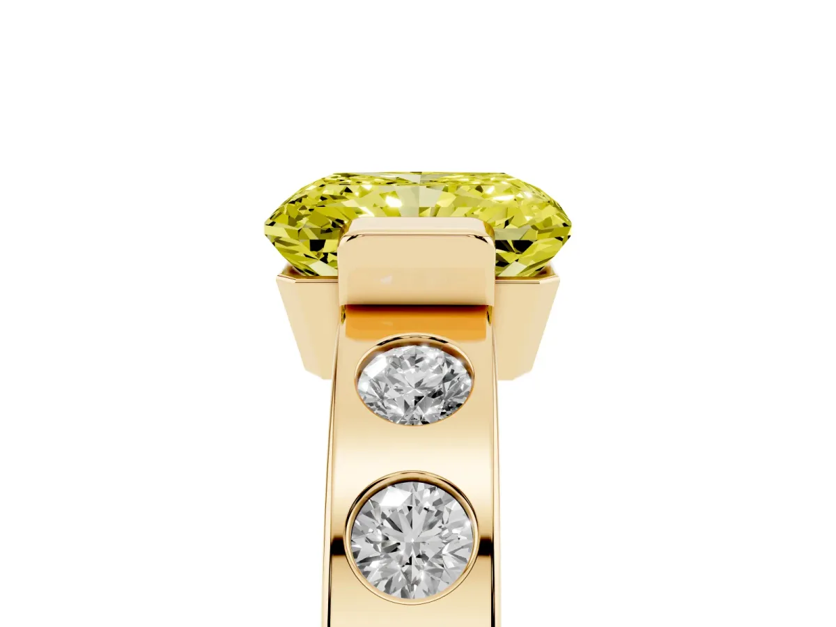 Fancy Yellow Radiant Cut Brilliant Channel-Set Diamond Ring with Bezel Prong Setting Yellow gold
