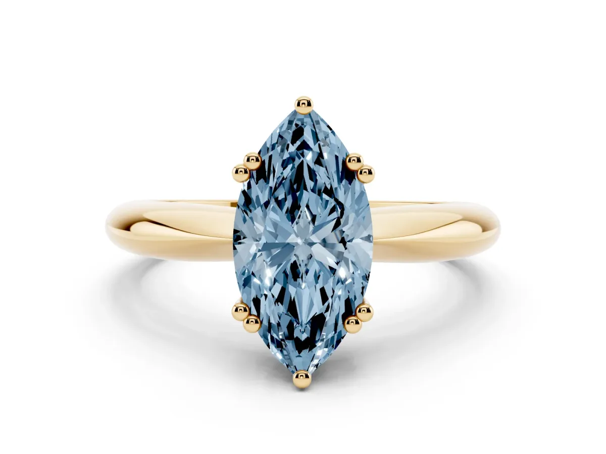 Fancy Blue Marquise Cut Cut Solitaire Engagement Ring with Tapered Band and Four-Prong Setting Yellow gold
