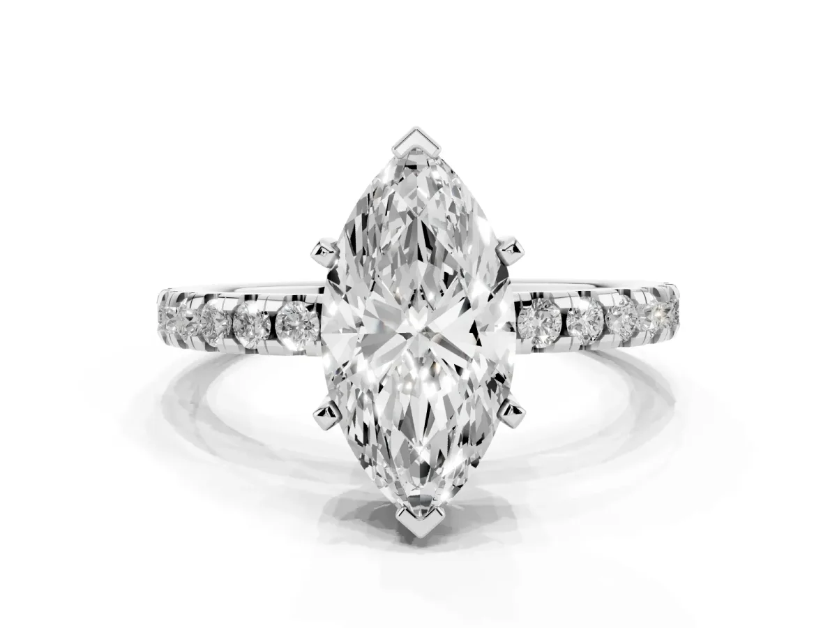 Marquise Cut Diamond Solitaire Ring with Round Pavé Band and Four-Prong Setting Silver