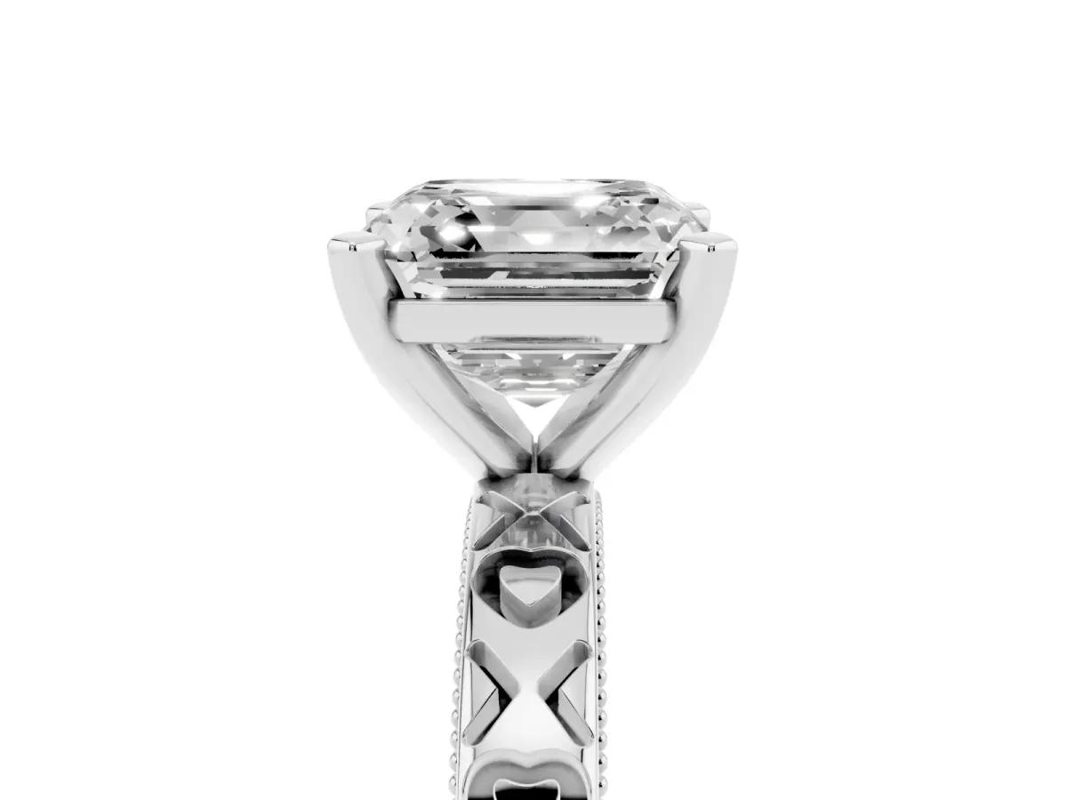 Asscher Cut Solitaire Diamond Engagement Ring with XO Engraved Band and Four-Prong Setting White gold