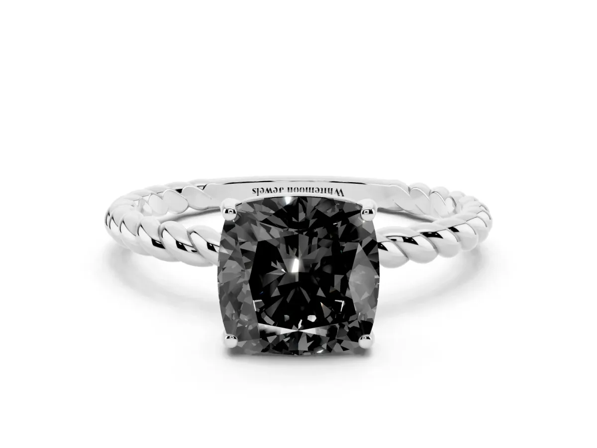 Fancy Black Cushion Cut Solitaire Twisted Band 4-Prong Ring Silver