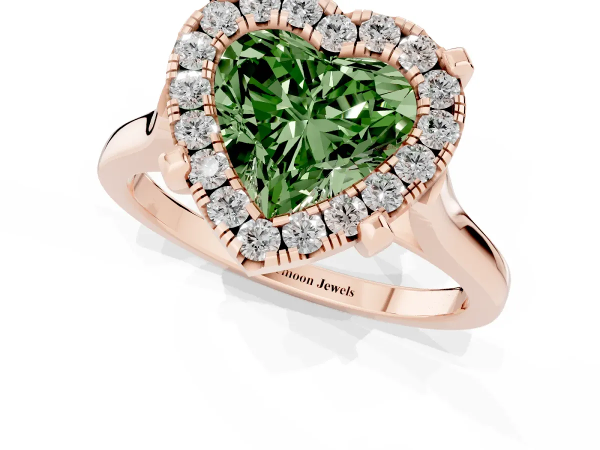 Fancy Green Heart Cut Diamond Cluster Halo Solitaire with Four-Prong Setting Rose gold