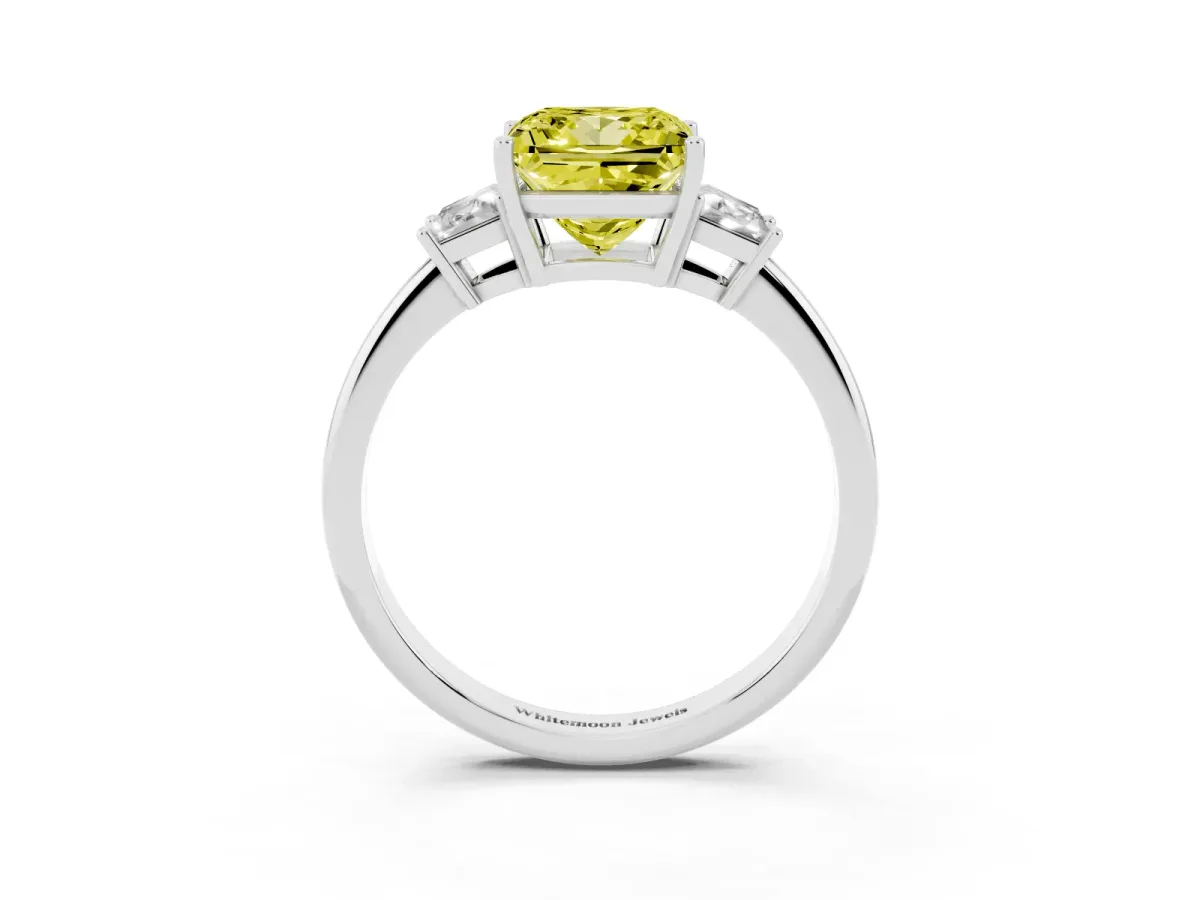 Fancy Yellow Princess Cut Diamond Three-Stone Ring with Trapezoid Side Stones and Prong Setting Silver
