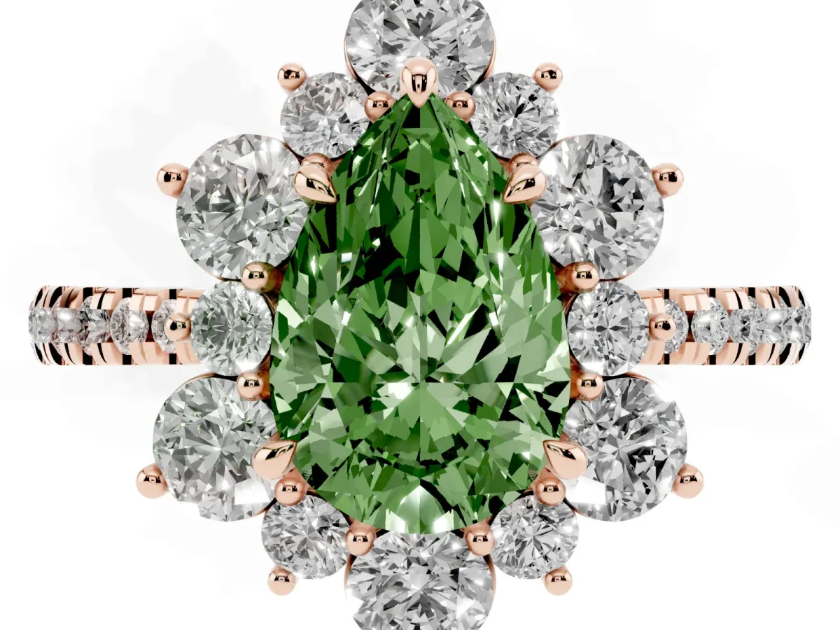 Fancy Green Pear Cut Diamond Floral Halo Ring with Round Pavé Band and Prong Setting Rose gold
