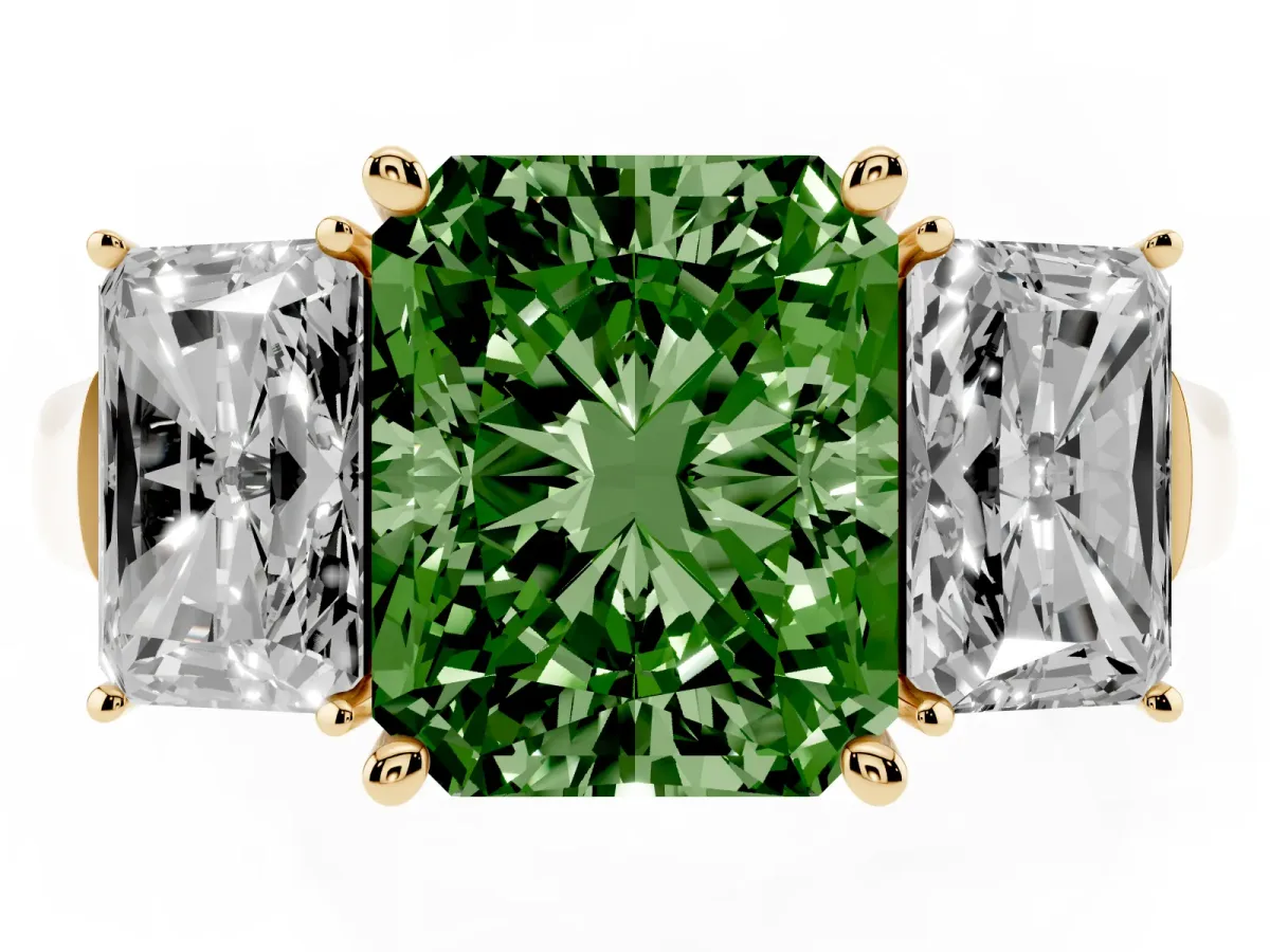 Fancy Green Three-Stone Radiant Cut Brilliant Diamond Trellis Ring with Comfort Fit Band Yellow gold
