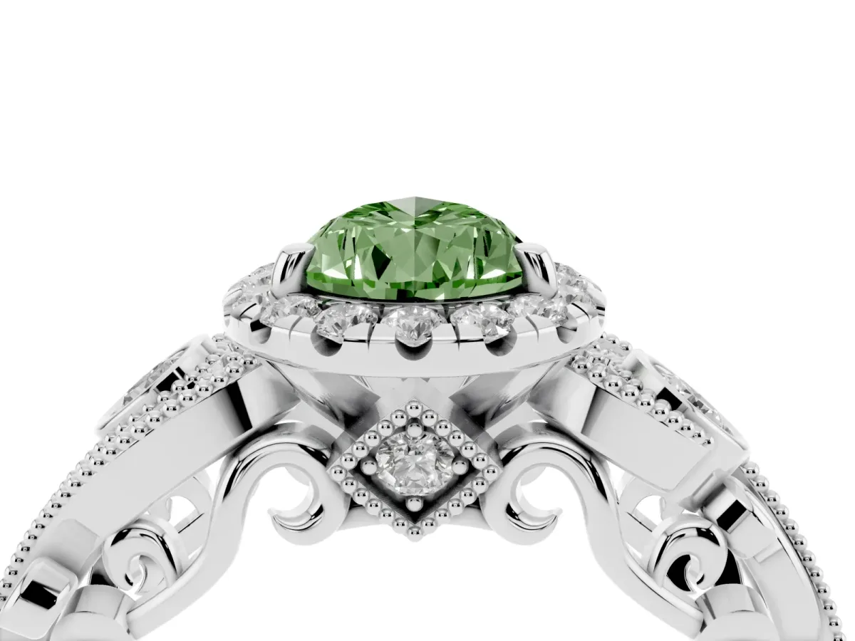 Fancy Green Pear Cut Halo Diamond Ring with Milgrain and Bezel Accents on a Split Shank Band White gold