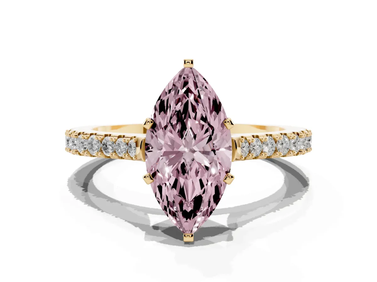 Fancy Pink Marquise Cut Cut Solitaire Diamond Engagement Ring with Pave Band and Four-Prong Setting Yellow gold