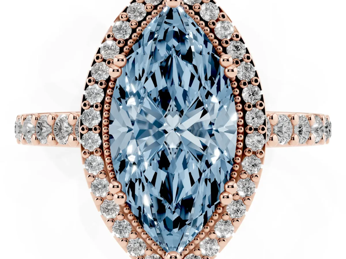 Fancy Blue Marquise Cut Cut Diamond Halo Engagement Ring with Milgrain Detail and Pavé Band Rose gold