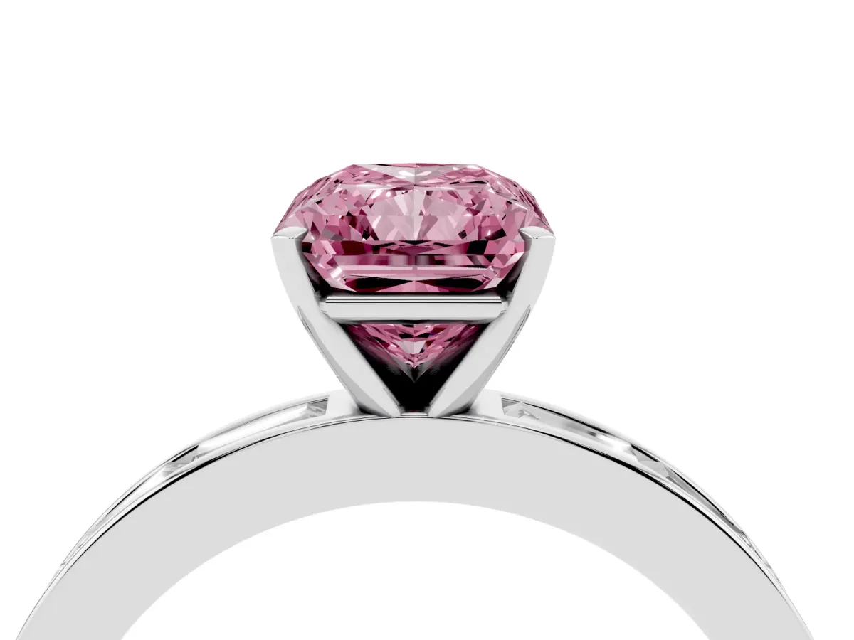 Fancy Pink Radiant Cut Solitaire Diamond Ring with Channel-Set Baguette Band and Four-Prong Setting Silver