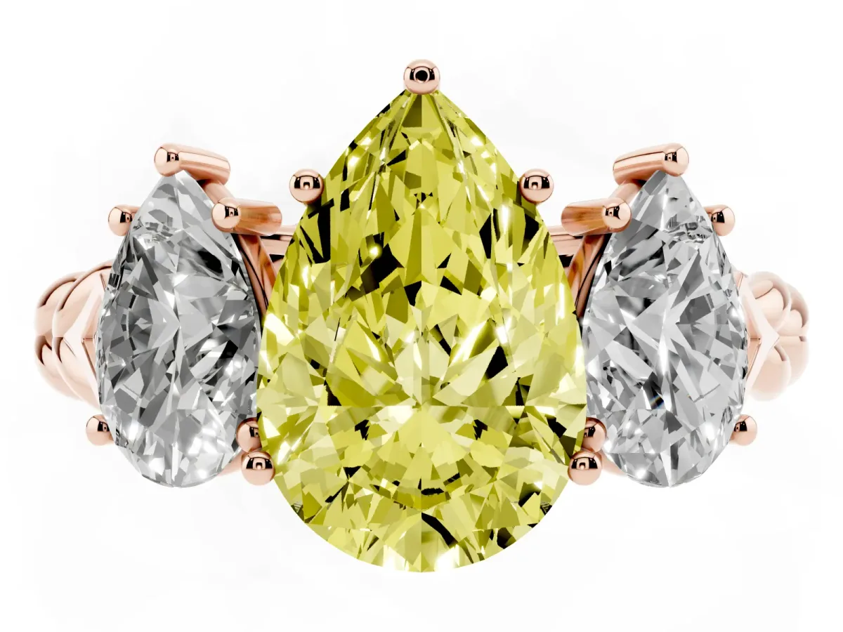 Fancy Yellow Three-Stone Pear Cut Diamond Braided Band Ring with Four-Prong Setting Rose gold