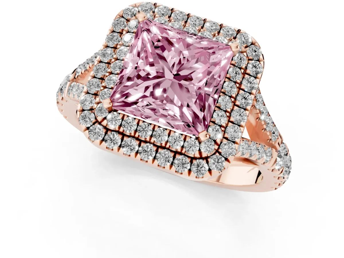 Fancy Pink Princess Cut Diamond Double Halo Ring with Split Shank and Prong Setting Rose gold