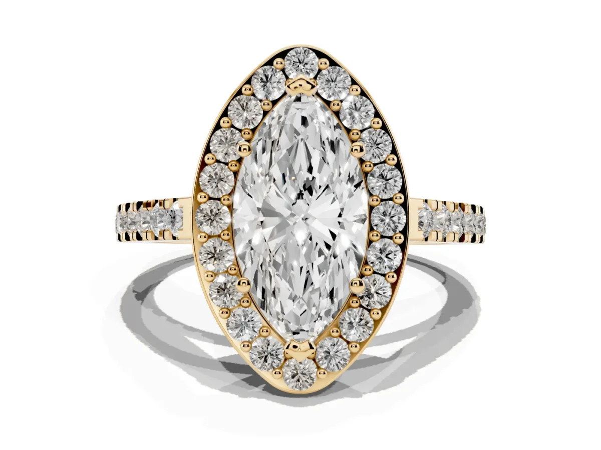 Marquise Cut Diamond Halo Ring with Round Pavé Split Shank and Prong Setting Yellow gold