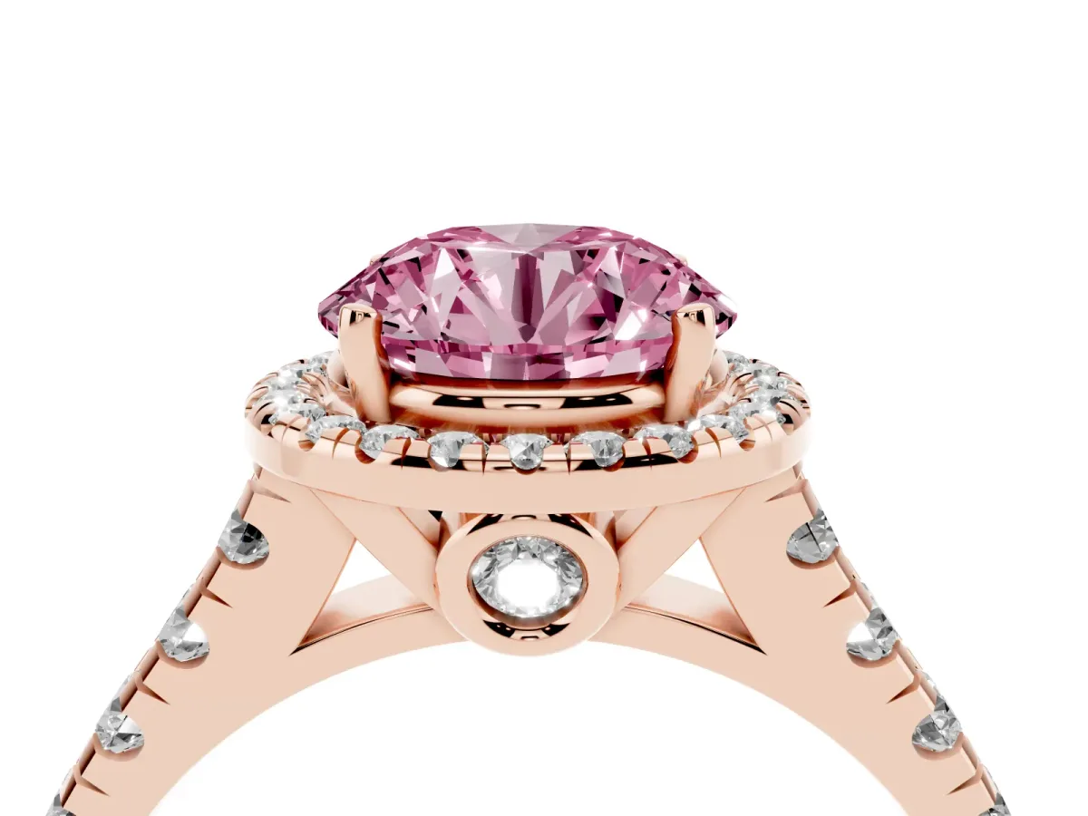 Fancy Pink Round Cut Halo Pavé Diamond Engagement Ring with Four-Prong Setting Rose gold