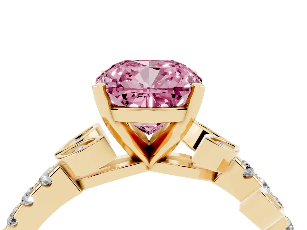 Fancy Pink Cushion Cut Solitaire Leaf-Inspired Diamond Ring with Pavé Band and Four-Prong Setting Yellow gold
