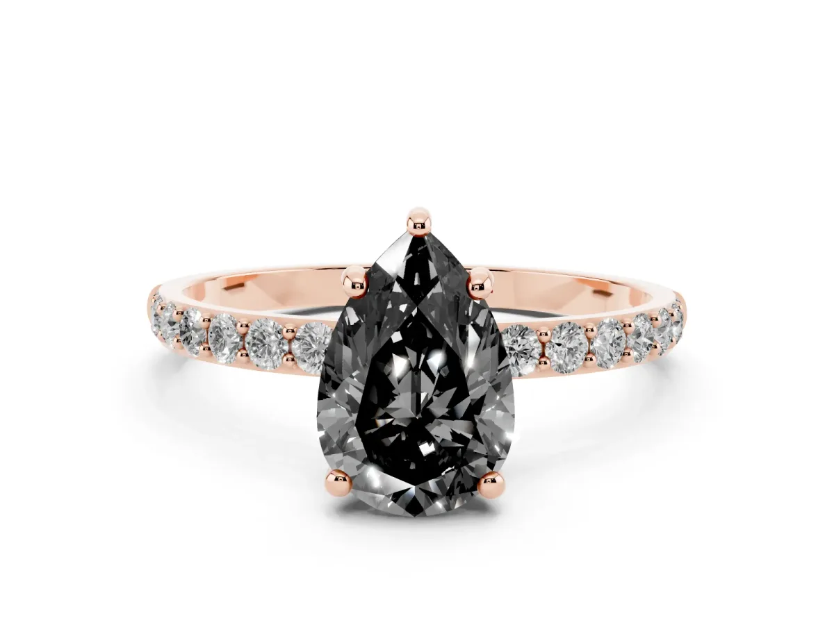 Fancy Black Pear Cut Diamond Solitaire Ring with Round Pavé Band and Prong Setting Rose gold