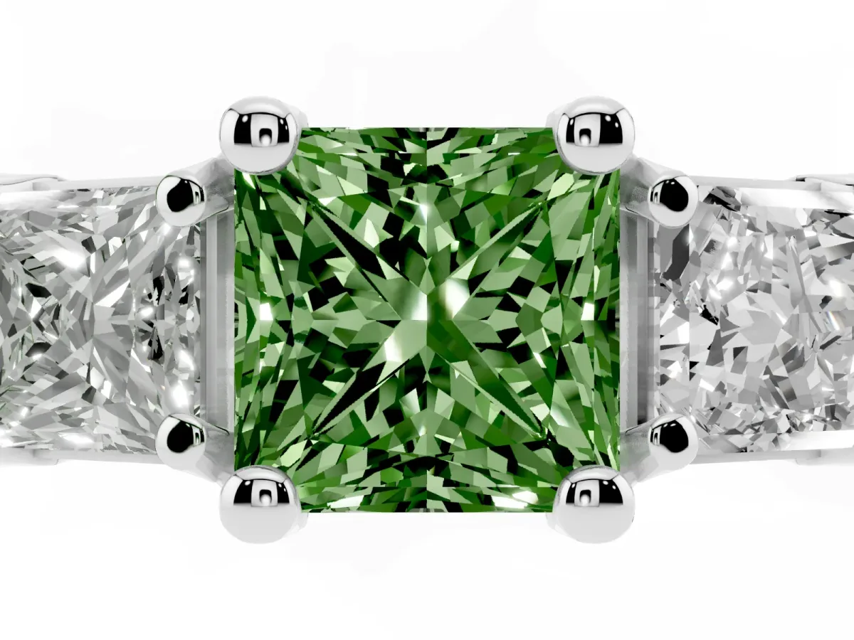 Fancy Green Princess Cut Diamond Three-Stone Ring with Channel Set Band and Four-Prong Setting Silver