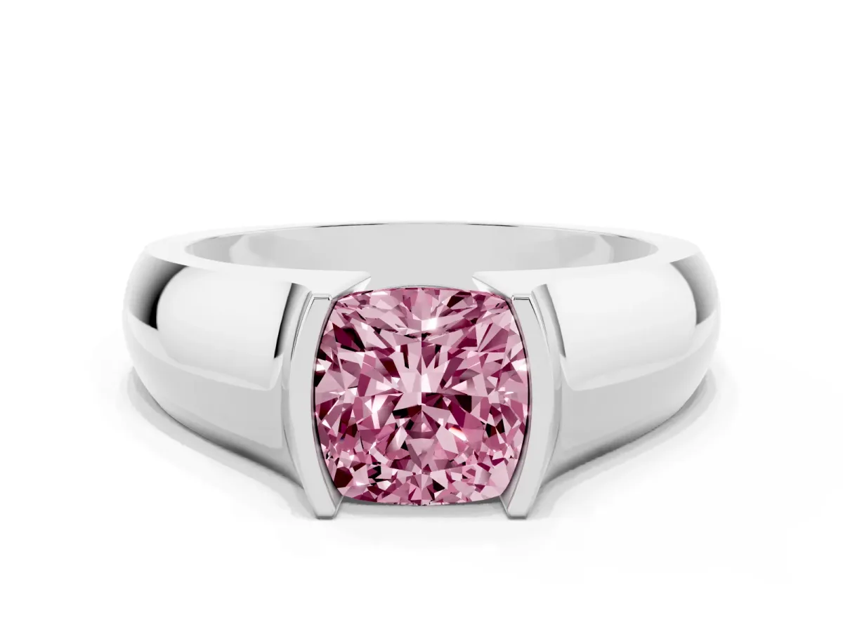 Fancy Pink Cushion Cut Solitaire Bezel Set Diamond Ring with Wide Band Silver