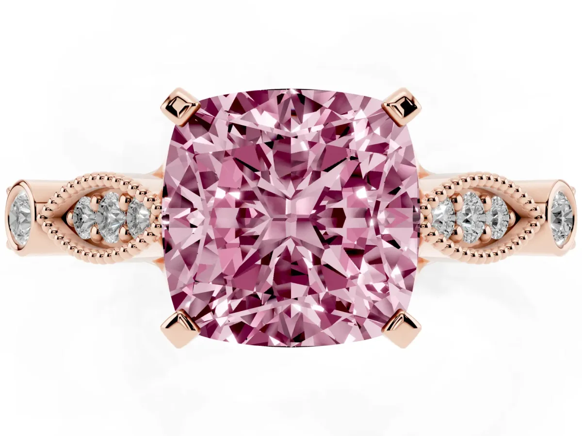 Fancy Pink Cushion Cut Cut Diamond with Milgrain Marquise and Bezel Accents on a Solitaire Band with Prong Setting Rose gold