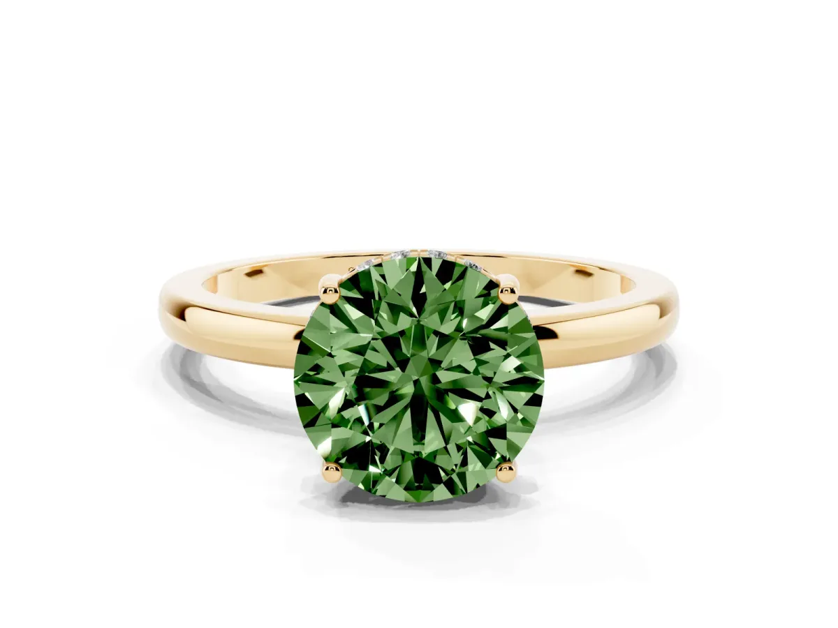 Fancy Green Round Cut Solitaire Diamond Ring with Prong Setting and Plain Band Yellow gold