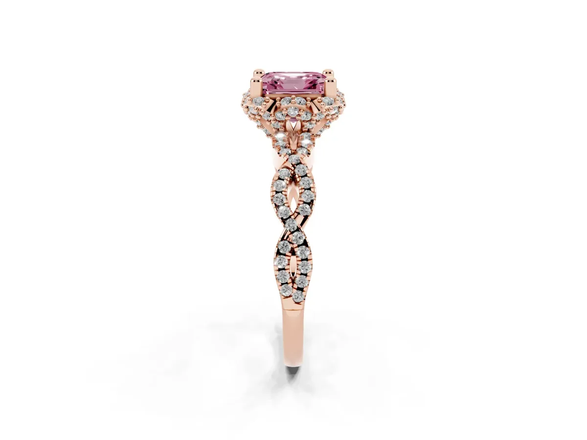 Fancy Pink Asscher Cut Halo Twist Band Solitaire Ring with Six-Prong Setting Rose gold